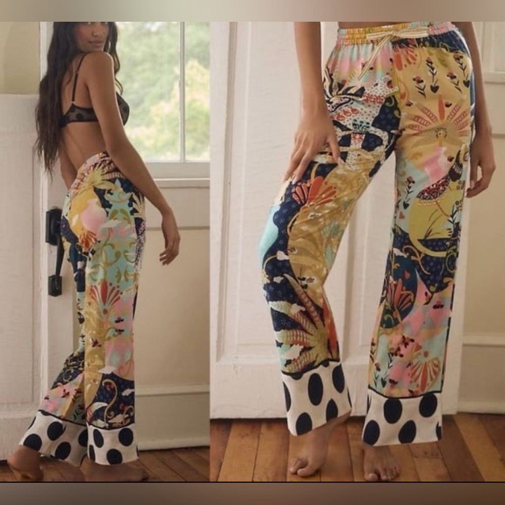 Anthropologie Multicolor Floral & Polka Dot Lounge Pants — Yellow, Navy, Pink